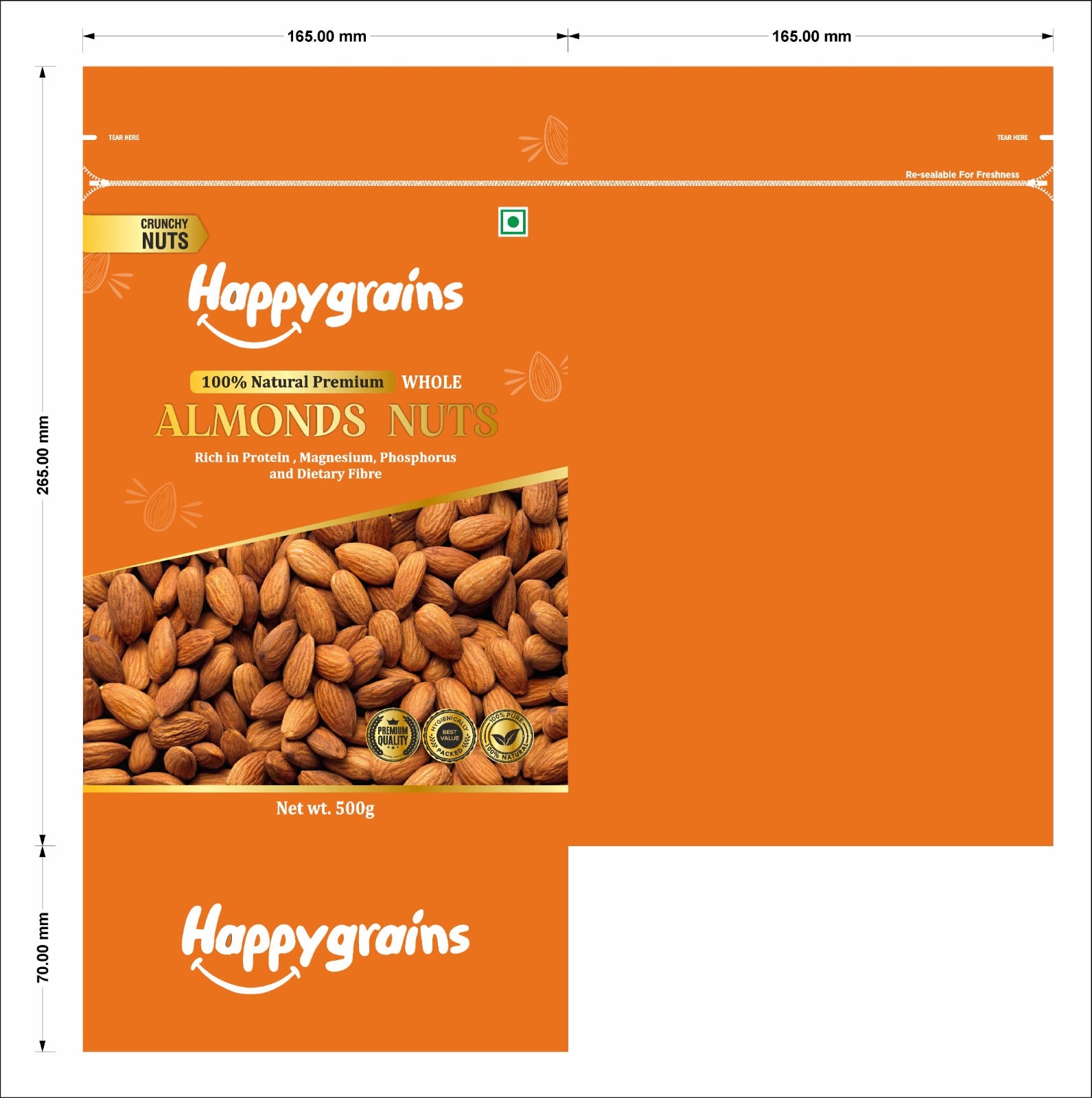 Happygrains Californian Premium Almonds Badam | Dry fruits | High in Fiber | Badam Giri | Healthy Snacks (500g)